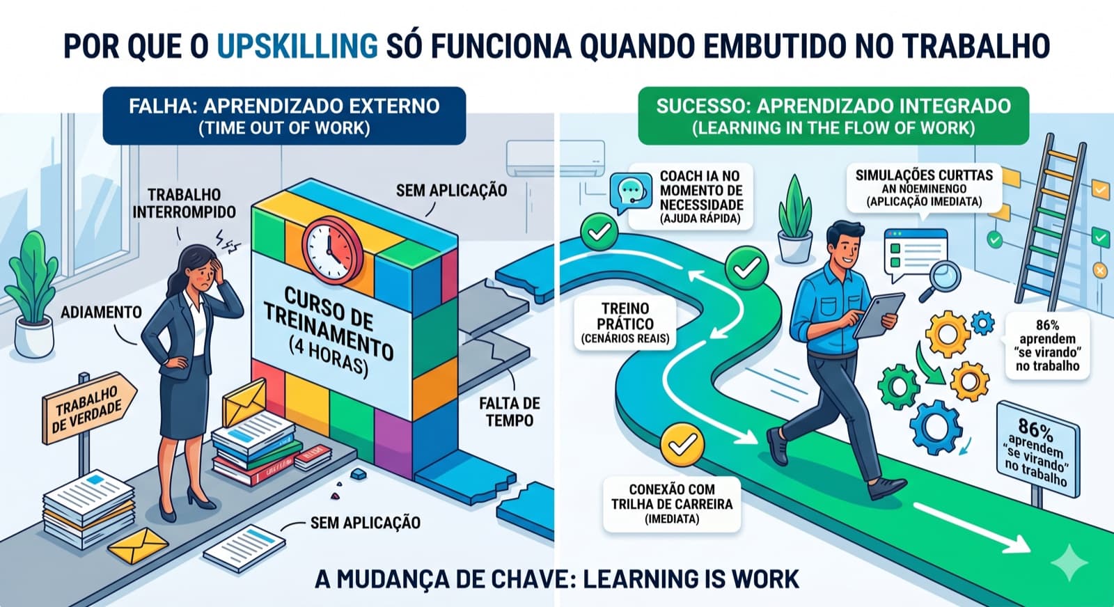 Infográfico: por que o upskilling só funciona quando embutido no trabalho — falha vs sucesso